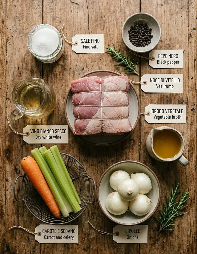 Ingredients for Italian Veal Pot Roast flat lay, including veal rump, carrot and celery stalks