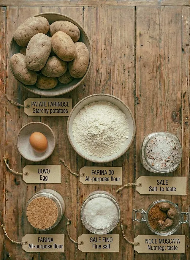 Ingredientes do nhoque de batata caseiro vistos de cima, incluindo batatas farinhosas, farinha de trigo e um ovo