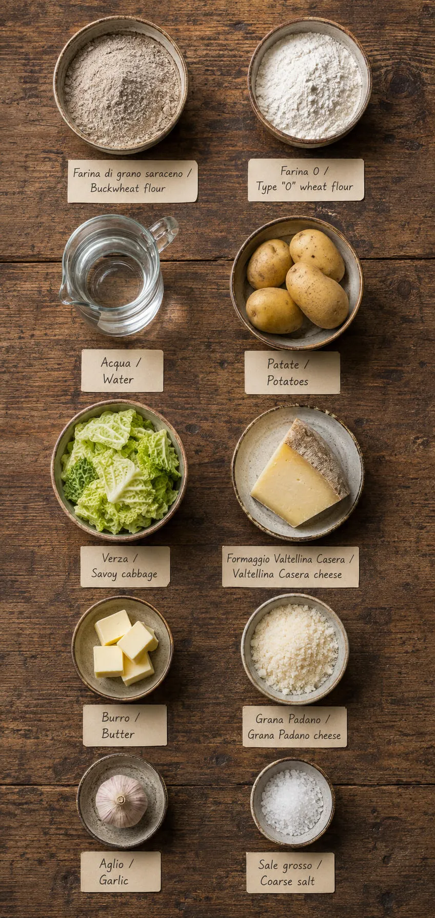 Ingredients for pizzoccheri della Valtellina flat lay, including buckwheat flour, potatoes and Savoy cabbage