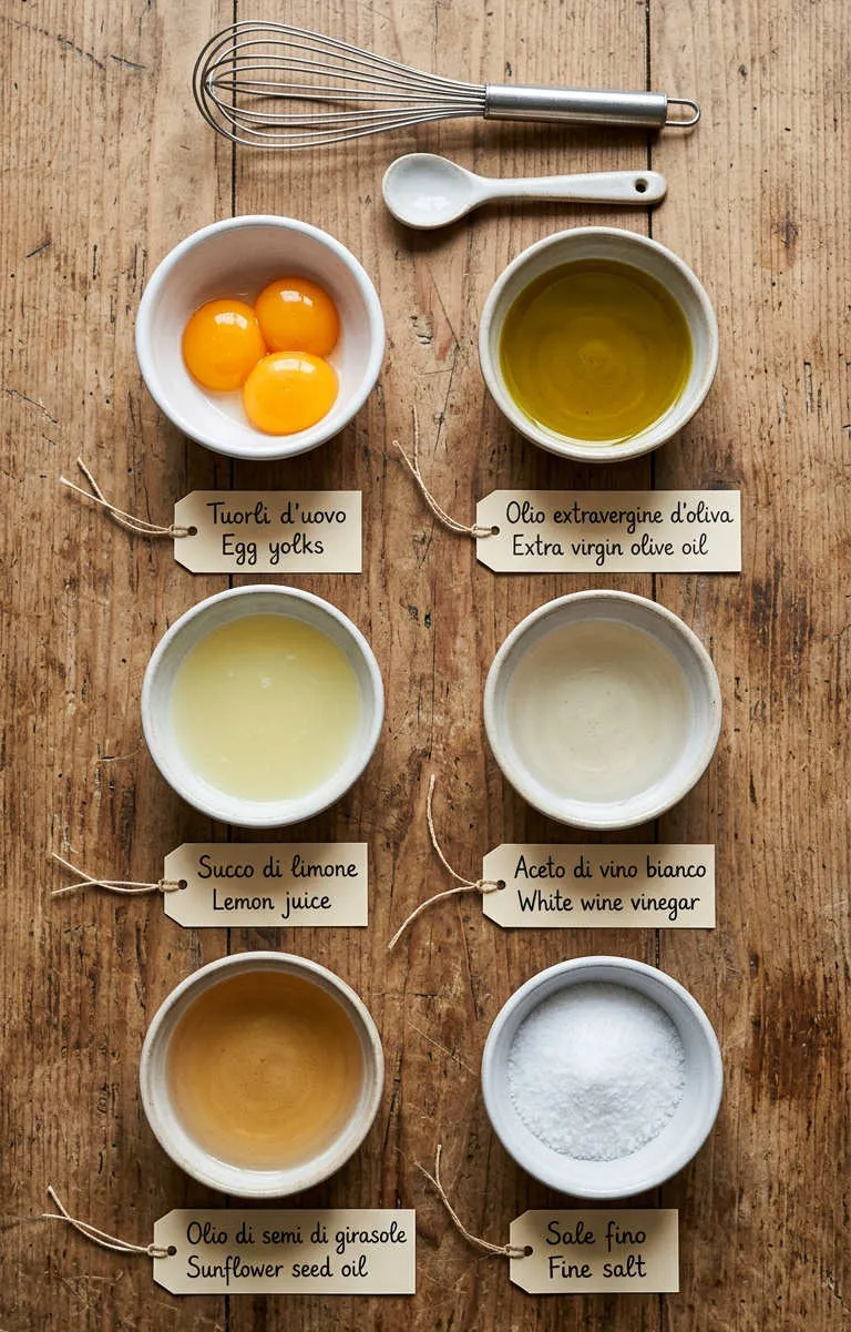 Ingredients for Homemade Mayonnaise Recipe flat lay, including egg yolks, lemon juice and sunflower seed oil