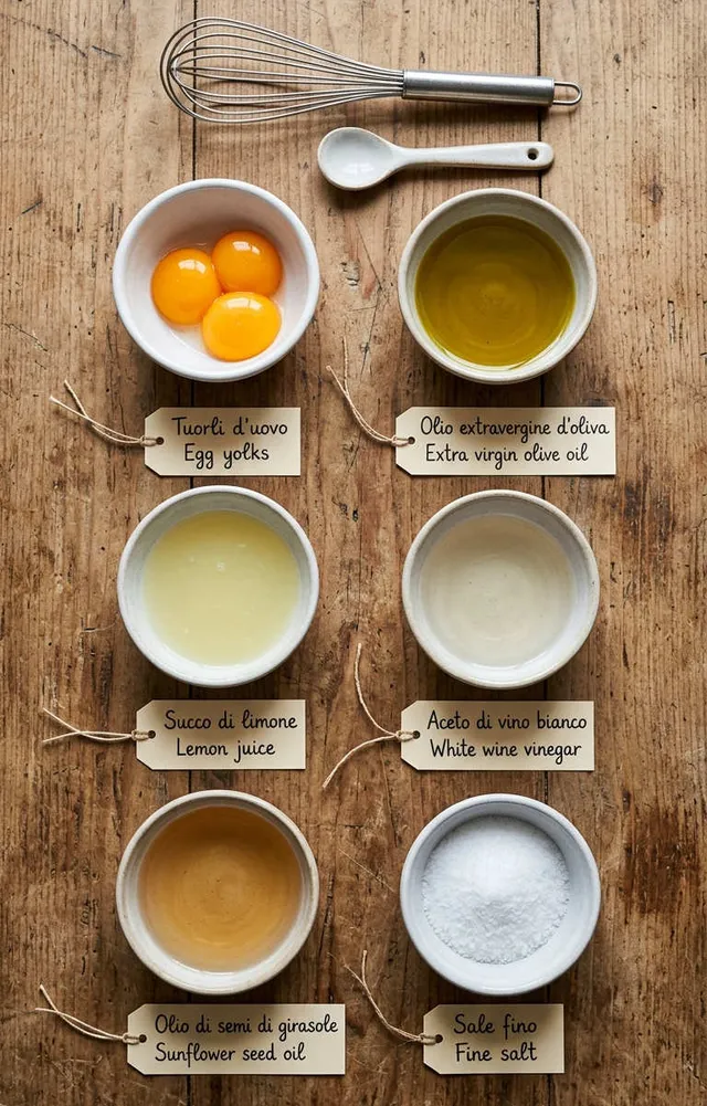 Ingredients for Homemade Mayonnaise Recipe flat lay, including egg yolks, lemon juice and sunflower seed oil