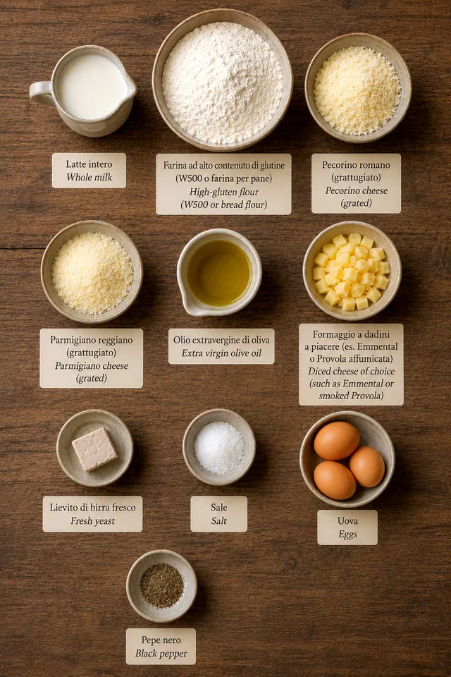 Ingredients for Umbrian Cheese Pizza flat lay, including whole milk, high-gluten flour and pecorino cheese