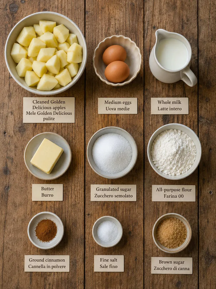 Ingredients for Italian Apple Cake flat lay, including cleaned golden delicious apples, medium eggs and whole milk