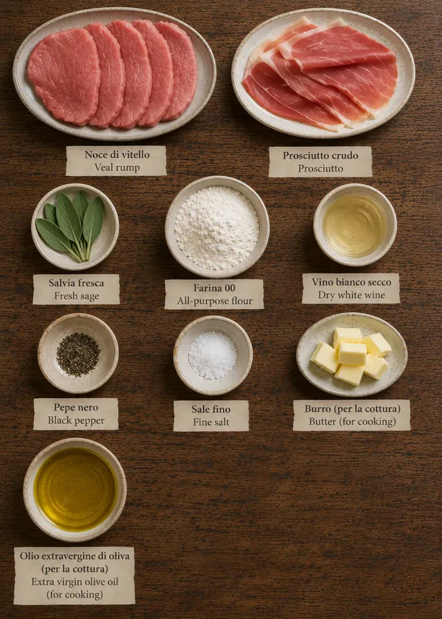 Ingredienti dei saltimbocca alla romana visti dall'alto: noce di vitello, prosciutto crudo e salvia fresca