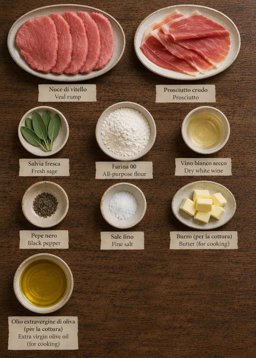 Ingredienti dei saltimbocca alla romana visti dall'alto: noce di vitello, prosciutto crudo e salvia fresca