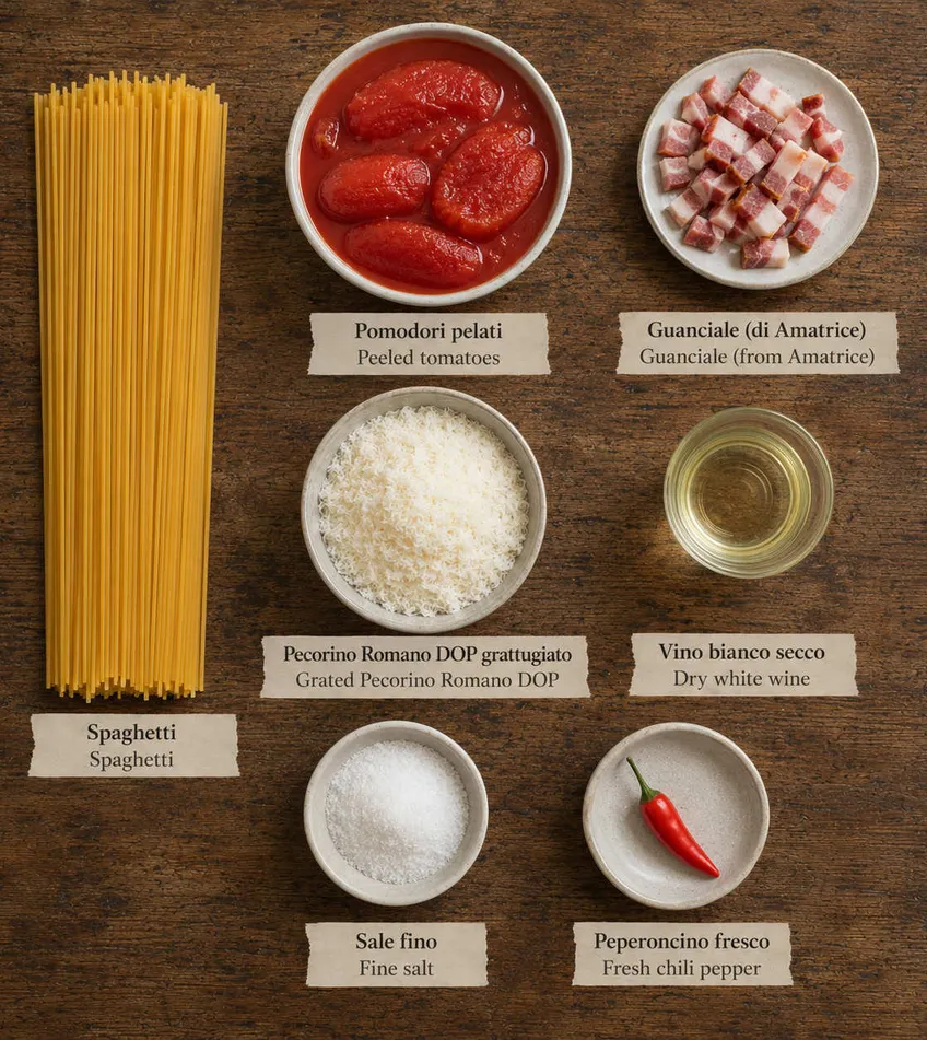 Ingredients for Spaghetti all’Amatriciana flat lay, including spaghetti, peeled tomatoes and guanciale