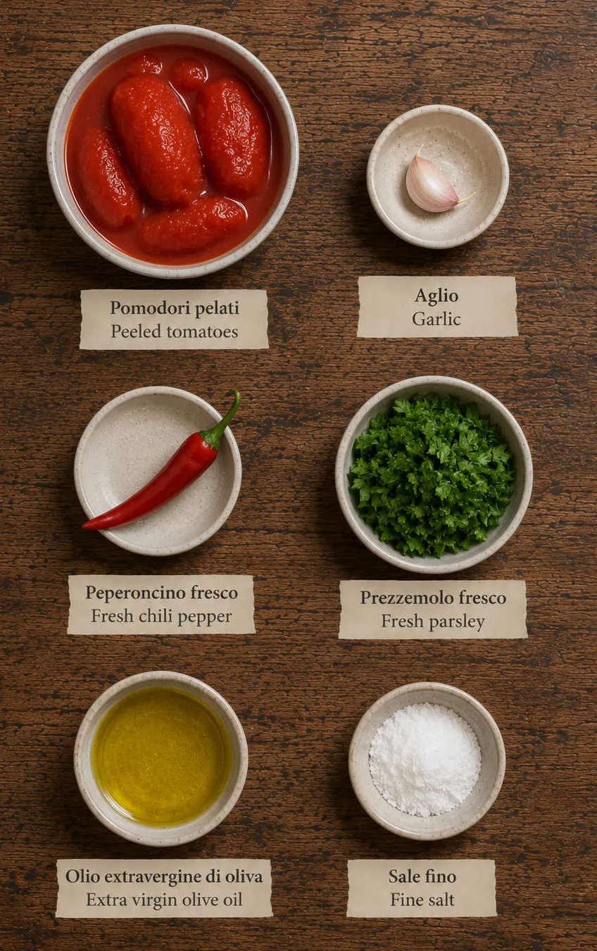 Ingredients for Spicy Tomato Sauce flat lay, including peeled tomatoes, garlic and fresh chili pepper