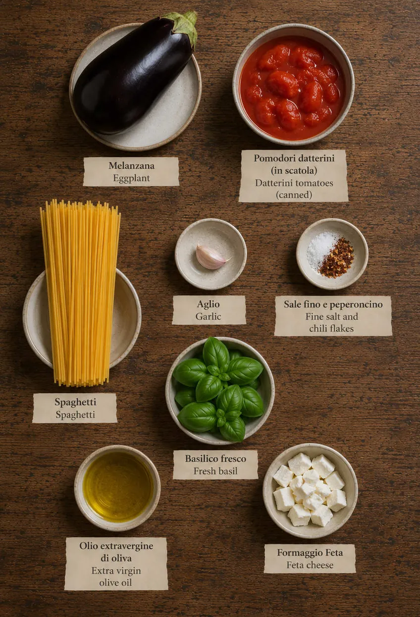 Ingredients for Mediterranean Spaghetti flat lay, including eggplant, datterini tomatoes and spaghetti