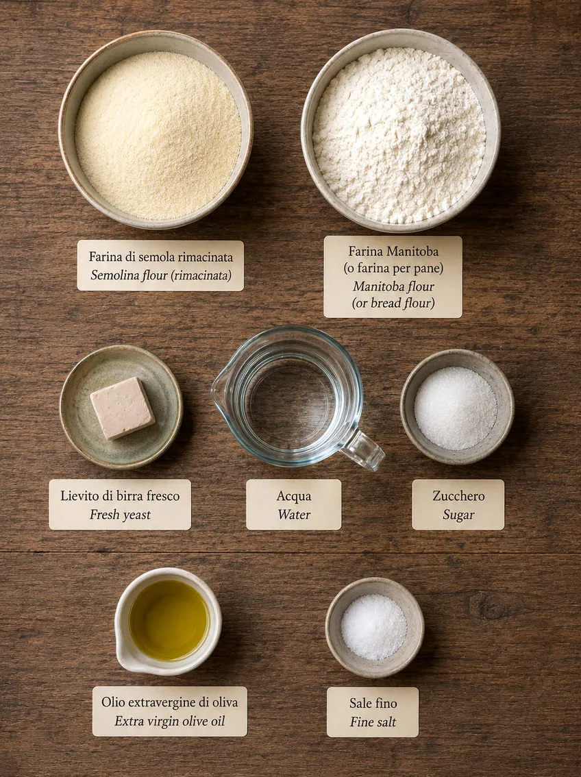 Ingredients for Sicilian Pizzolo flat lay, including semolina flour, manitoba flour and fresh yeast